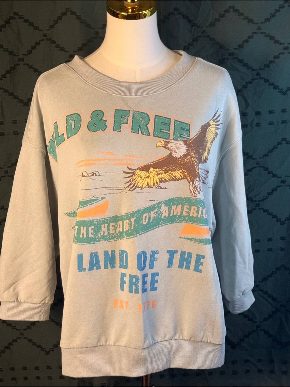 Light Blue 'Land of the Free' Graphic Crewneck Sweatshirt